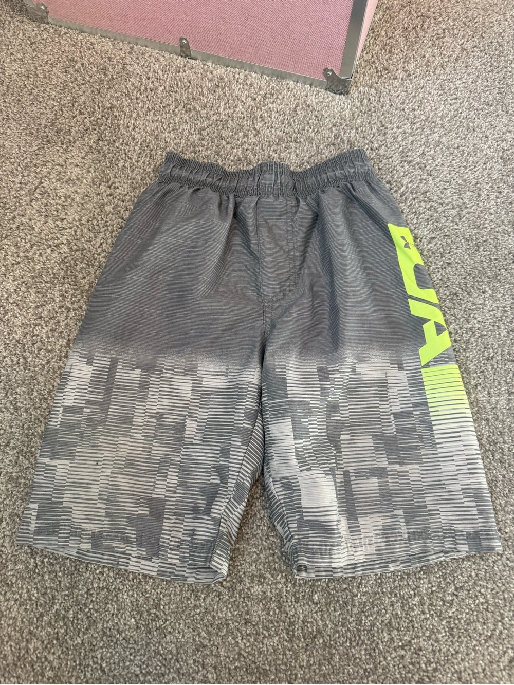 Under Armour Gray Swim Trunks with Neon Yellow/Green Logo. Youth Small YSM